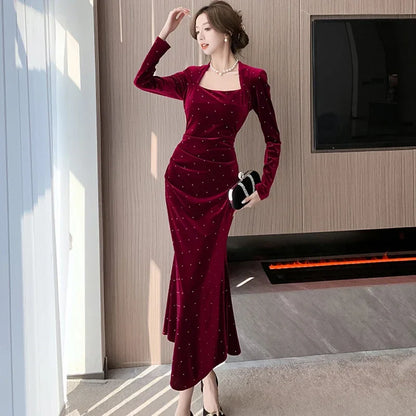 maoxiangshop Autumn Winter Red Velvet Diamonds Square Collar Long Dress Women Elegant Luxury Festival Dress Gown 2024 Korean Vintage Vestidos