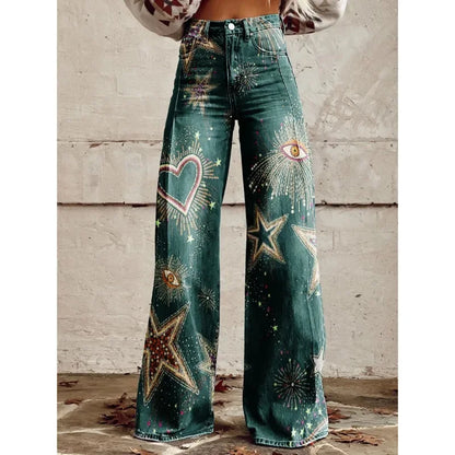 maoxiangshop  -  Trendy Retro Plus Size 3D Print Pants Women Autumn New Fashion Casual Comfortable Imitation Jeans Wide Leg Baggy Jeans Y2k Pants