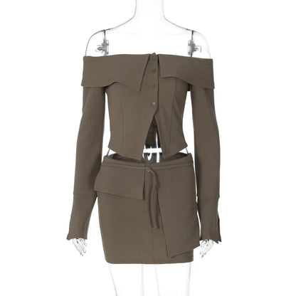 maoxiangshop  -  Women's Short Skirt 2-piece Fall Solid Cardigan Button Short Long Sleeve Top Slim Skirt Set Sexy Street Female Skirt Set