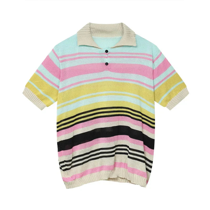 maoxiangshop Vintage Y2K Striped Polo Shirt Mens Knitwear Summer Short Sleeve Buttoned Lapel Knit Tops For Men Casual Loose Breathable Polos