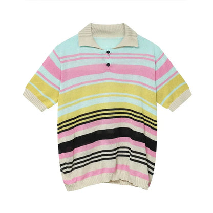 maoxiangshop Vintage Y2K Striped Polo Shirt Mens Knitwear Summer Short Sleeve Buttoned Lapel Knit Tops For Men Casual Loose Breathable Polos