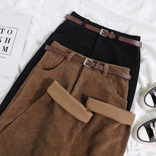 maoxiangshop Women Spring Corduroy Pants High Waist Autumn Vintage Korean Casual Wide Leg Pants Elegant Belt Loose Cotton Streetwear