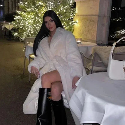 maoxiangshop  -  Luxury Winter Long Overcoats Women Oversized Lapel Belted Faux Rabbit Fur Coat Jacket Female Plus Size Outerwear Plush Fur Coats
