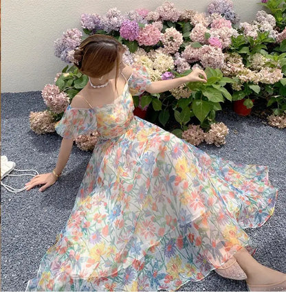 Women's French First Love Puff Sleeves Floral Long Dress Summer Dresses Cool and Breathable Bare Shoulder Korean Fashion 2024