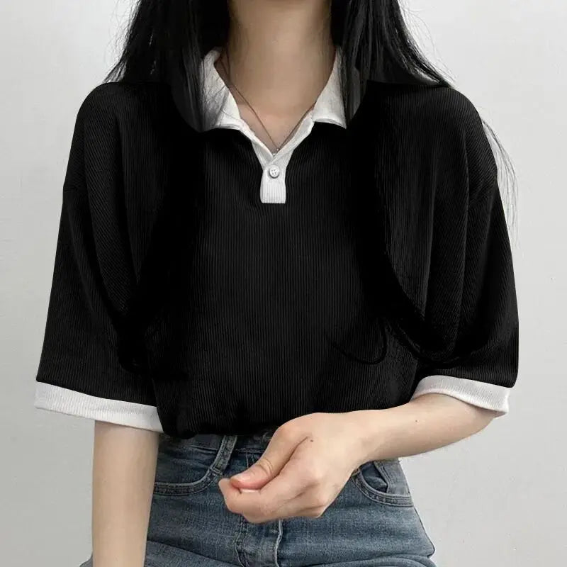 maoxiangshop Spring Summer Autumn Korean Casual Polo T-Shirt Female Pullover Fashion Women Blouse Simple Preppy Style Student Loose Soft