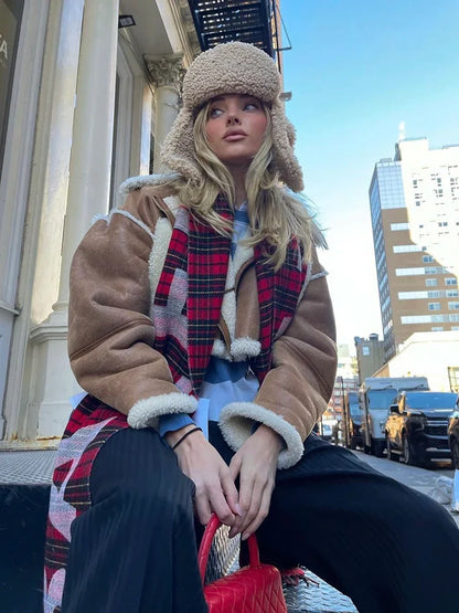 maoxiangshop  -  Winter Women Thick Warm Suede Lamb Jacket Short Motorcycle Brown Coats Faux Shearling Sheepskin Leather Jackets Outwear