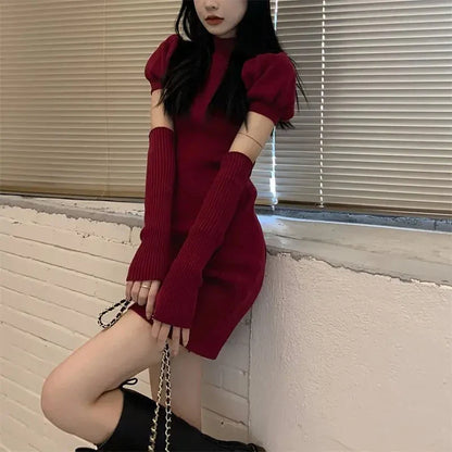 maoxiangshop DRESS TO IMPRESS New Year Red Dress Women Christmas Sexy Puff Sleeve Bottoming Knitted Sweater Fashion Party Mini Vestidos Hip Dresses