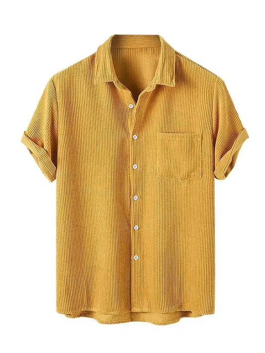 maoxiangshop Men's Shirt Corduroy Short Sleeve Blouses Casual Solid Streetwear Shirts Summer Ribbed Plain Button Y2K Tops