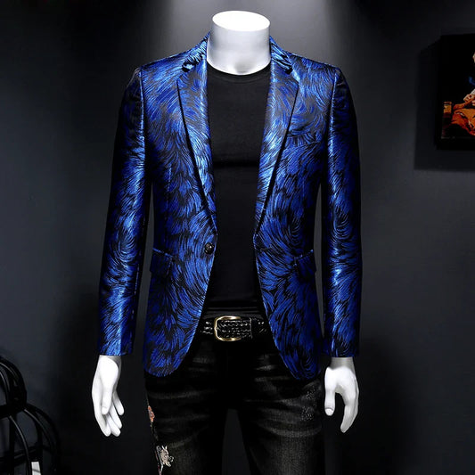 maoxiangshop Luxury Men Jacquard Slim Fit Blazer Stage Performance Metal Gold Yarn Casual Suit Jacket Formal Stage Costumes