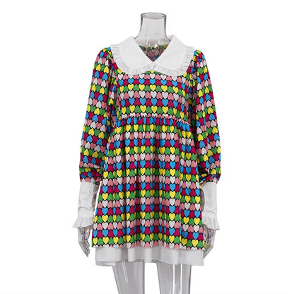 maoxiangshop  -  Women Vintage Printed Mini Dress Autumn New Fashion Long Sleeve Dresses High Waist Printed A- Line Doll Collar Poncho Dress