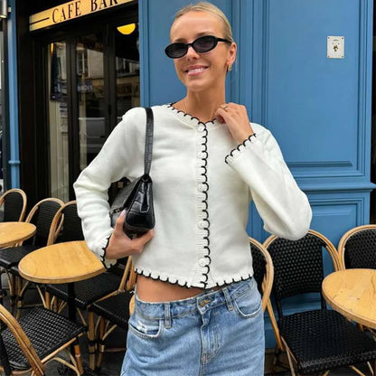 maoxiangshop  -  Simple Long Sleeve Knitted Tops Slim Fit Women Autumn Elegant Soft Thin Sweaters Casual Single-Breasted Knitwear Round Neck
