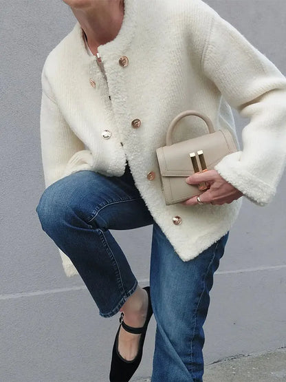 maoxiangshop -  Elegant Solid Lambwool Buttoned Coats Fashion Autumn Long Sleeve O Neck Warm Top Winter Office Ladies Pocket Outwear