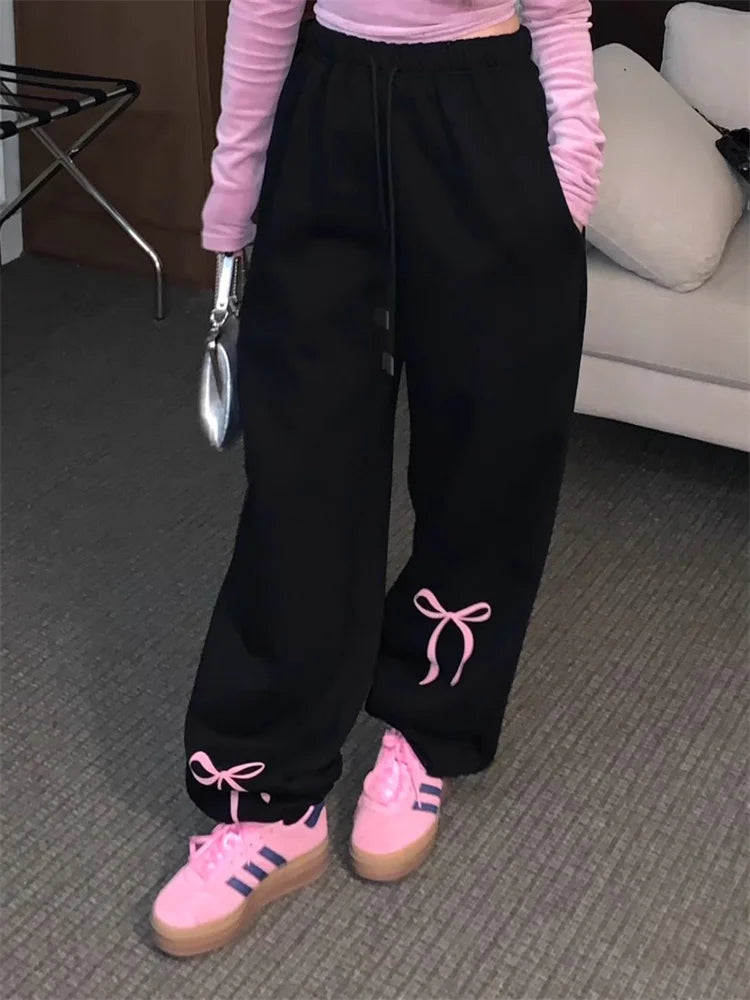 maoxiangshop -  Korean Fashion Fleece Sweatpants Women Y2K Bow Print Brushed Pants Oversized Winter Fairycore Wide Leg Joggers Pants