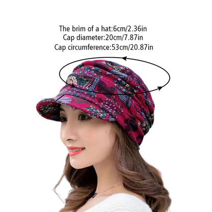 maoxiangshop Women Hat Short Brim Warm Foldable Earflap Women Cap Ethnic Style Floral Print Autumn Winter Hat Daily Clothing Turban Visor