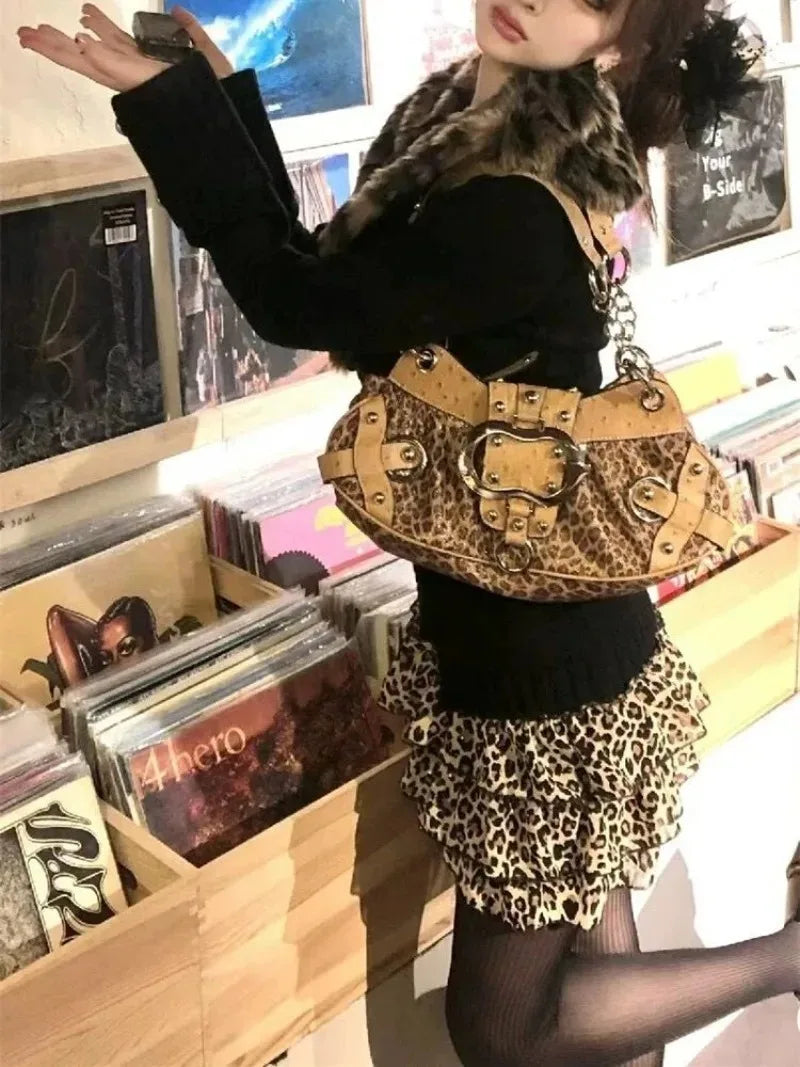 maoxiangshop  -  Y2K Retro Leopard Print Fur Collar Patchwork Knitted Cardigan Jacket Autumn Winter Hot Girl Waist Slim Harajuku Casual Jacket
