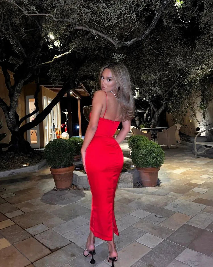 High Quality Women's Clothing Latest Fashion Bodycon Midi Dress Elegant  Satin Sexy Dress Red Night Prom Party Dresses