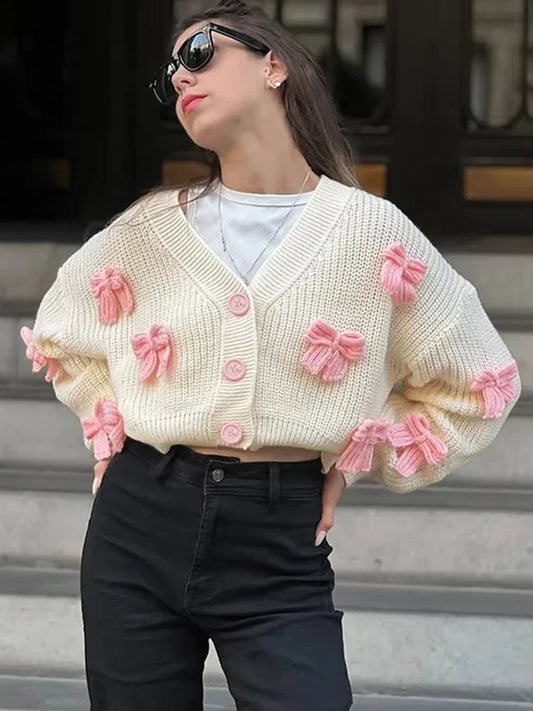 maoxiangshop  -  Bows Sweater Cardigan For Women V Neck Long Sleeve Autumn Winter Knitted Short Cardigan Lazy Single Breasted Chic Fashion