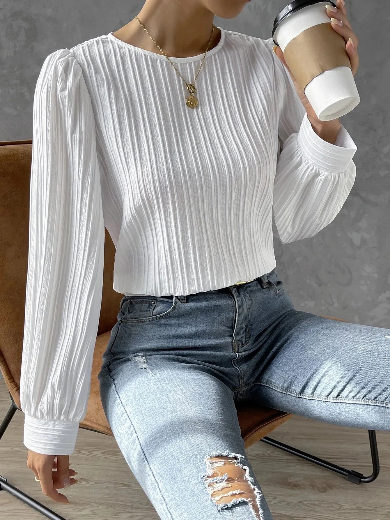 maoxiangshop Fall New Casual Solid Round Neck Long Sleeve Shirts White Women's Blouses