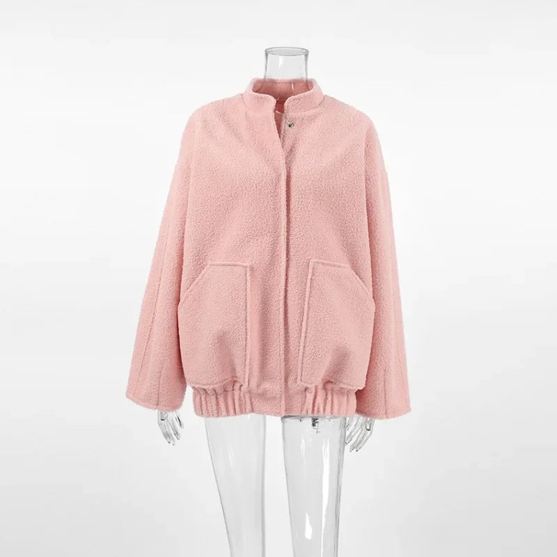 maoxiangshop  -  Woman's Oversized Bomber Jacket Autumn Round Neck Long Sleeve Pocket Hidden Button Loose Jackets Coat Female Outerwear