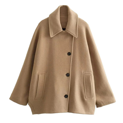 maoxiangshop  -  Vintage Diagonal Breasted Warm Loose Jacket Women Lapel Double Pocket Long Sleeve Solid Tops Outerwear Autumn Winter Female Coat