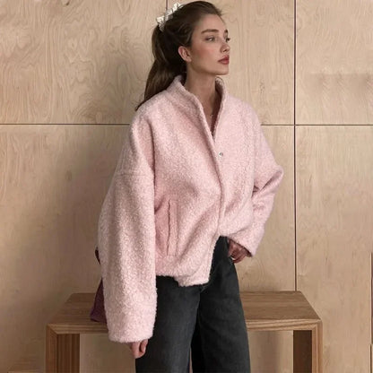 maoxiangshop  -  Women's Pink Short Fur Jacket Autumn Loose Fashion Long Sleeve Jacket Top Casual Stand Collar Pocket Button Warm Jacket