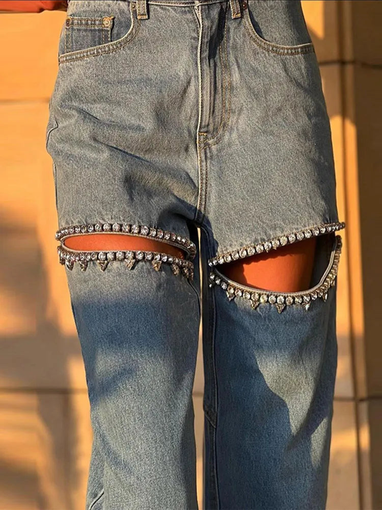 maoxiangshop -  Chic Diamond Design Blue Distressed Relaxation of Tall Waist Wide Legged Pants Women 2024 Spring Autumn Hollow Out Ladies Jeans