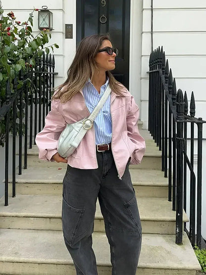maoxiangshop  -  Chic Women Solid Pink Short Leather Jacket Elegant Lapel Lantern Long Sleeves Zipper Crop Coat Autumn Lady Commuting Outerwear