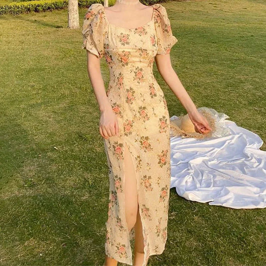 Bubble sleeve floral dress casual women's elegant chic vintage boho Party formal occasion korean style beach long soft dresses