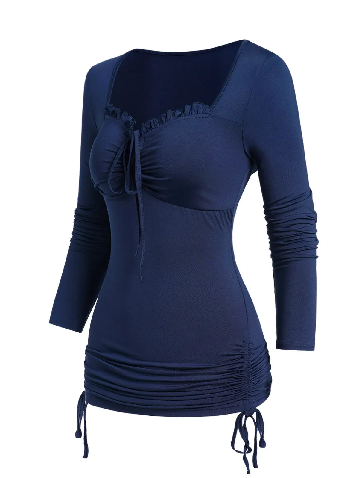 maoxiangshop Long Sleeve Deep Blue Cinched Side Ruffle Trim Top For Women Tie Front Sweetheart Collar Casual Tops