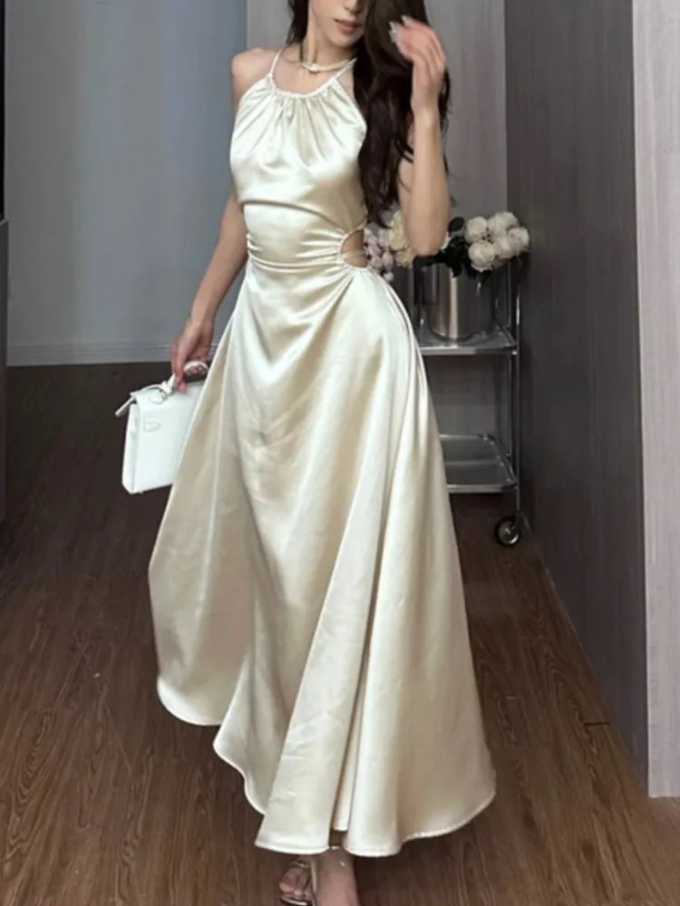 maoxiangshop Vintage Satin Midi Dresses for Women New Summer French Fold Hollow Out Elegant Prom Fashion Slim Casual Female Clothes Robe