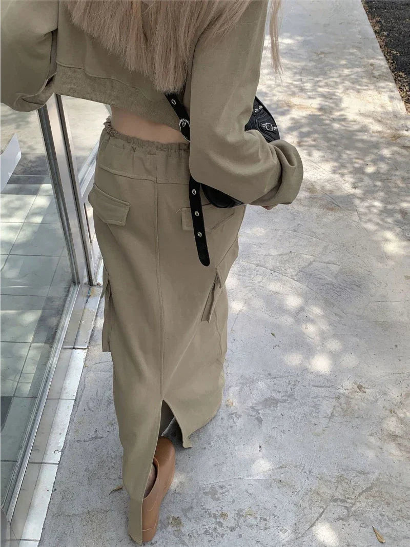 maoxiangshop-Retro Women Sets New Spring Autumn Fashion Long Sleeve Printed Top Pockets Split Long Skirt Solid Two Piece Sets Female
