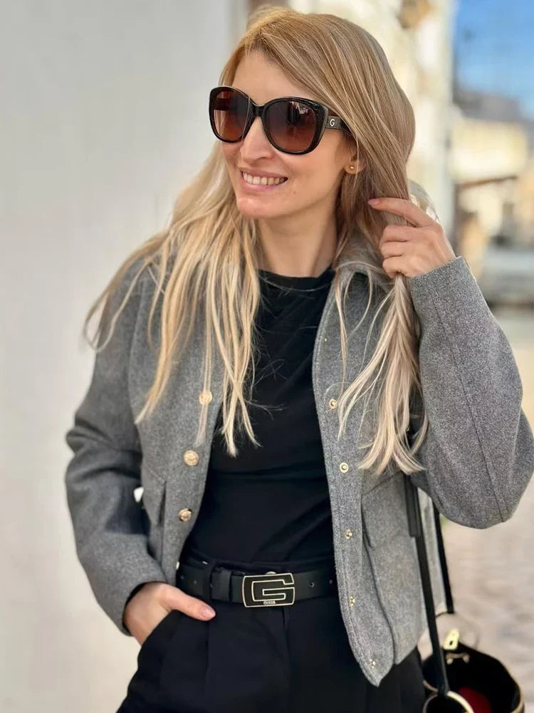 maoxiangshop Autumn Jacket Women Vintage Fashion Metal Button Cropped Coat Female Elegant Casual Long Sleeve Lapel Single Breasted Outerwear