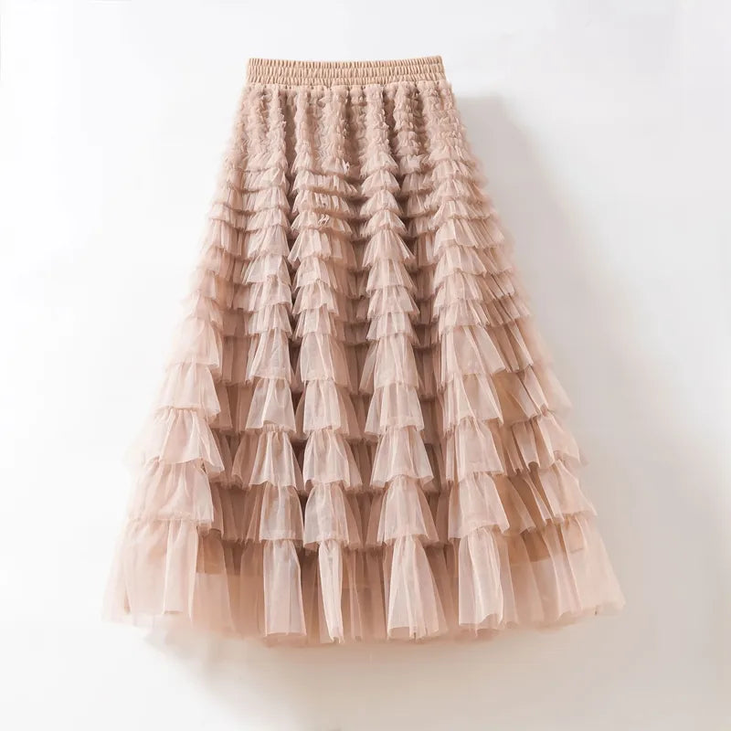 maoxiangshop Tutu Cake Skirts Women Elegant Cascading Ruffles A Line Long Skirts Female Casual Elastic Waist Party Skirt Black Skirt