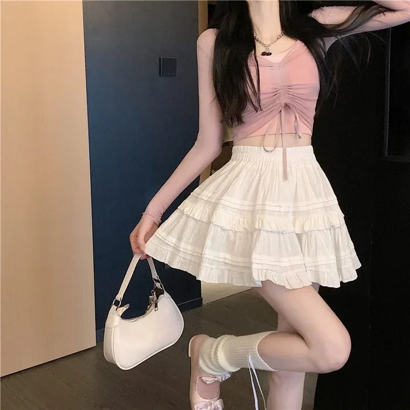 maoxiangshop Ruffle Pleated Mini Skirts Women Lolita Casual White Short Skirt Cutecore Korean Style Sweet Girl Black Layered Skirt