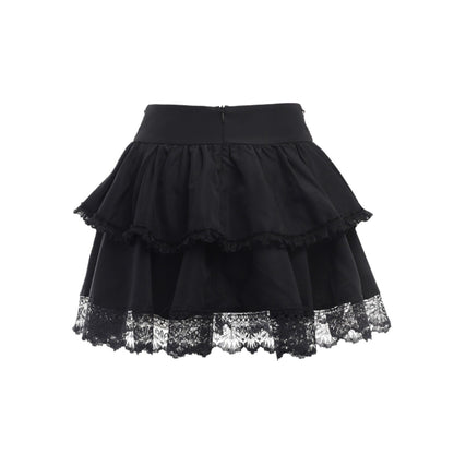 maoxiangshop Medieval Goth Black Pleated Mini Skirts Lolita Aesthetic Skirt Women's High Waist Lace Trim Gothic Skater Skirt Halloween Outfit