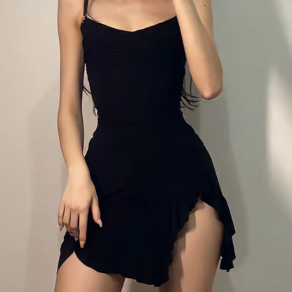 Dark Gothic Sexy Black Dress Women Streetwear Aesthetic Y2k Spaghetti Strap Lace Patchwork Irregular Hem Dress Female