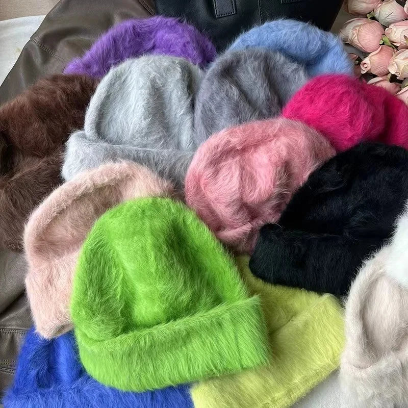 maoxiangshop New Fashion Rabbit Fur Y2k Beanies for Women Soft Warm Fluffy Angola Winter Hat Female Windproof Bonnet Hat Skullies Cap