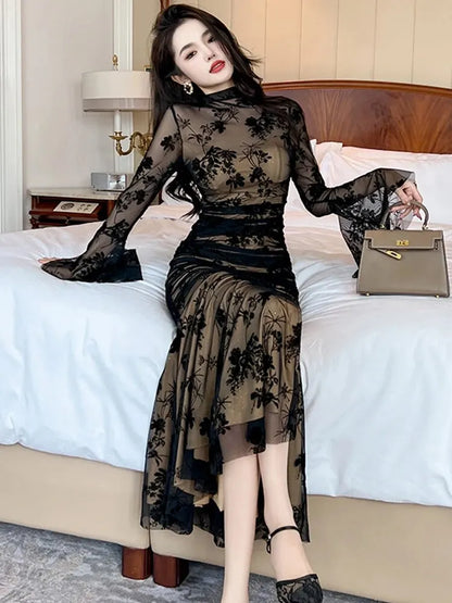 French Elegant Prom Evening Long Dress Woman Retro Black Perspective Elastic Folds Wrap Hip Fishtail Robe Female Party Vestidos