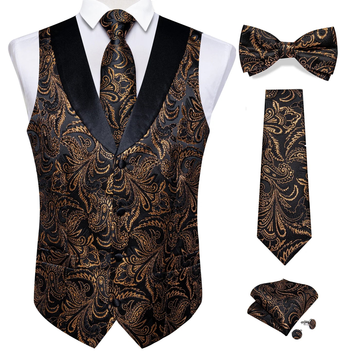 maoxiangshop Brand Suit Vest Set For Men Luxury Silk Black Gold Paisley Dress Vest Tie Cufflinks Handkerchief Set Male Sleeveless Waistcoat