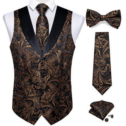 maoxiangshop Brand Suit Vest Set For Men Luxury Silk Black Gold Paisley Dress Vest Tie Cufflinks Handkerchief Set Male Sleeveless Waistcoat