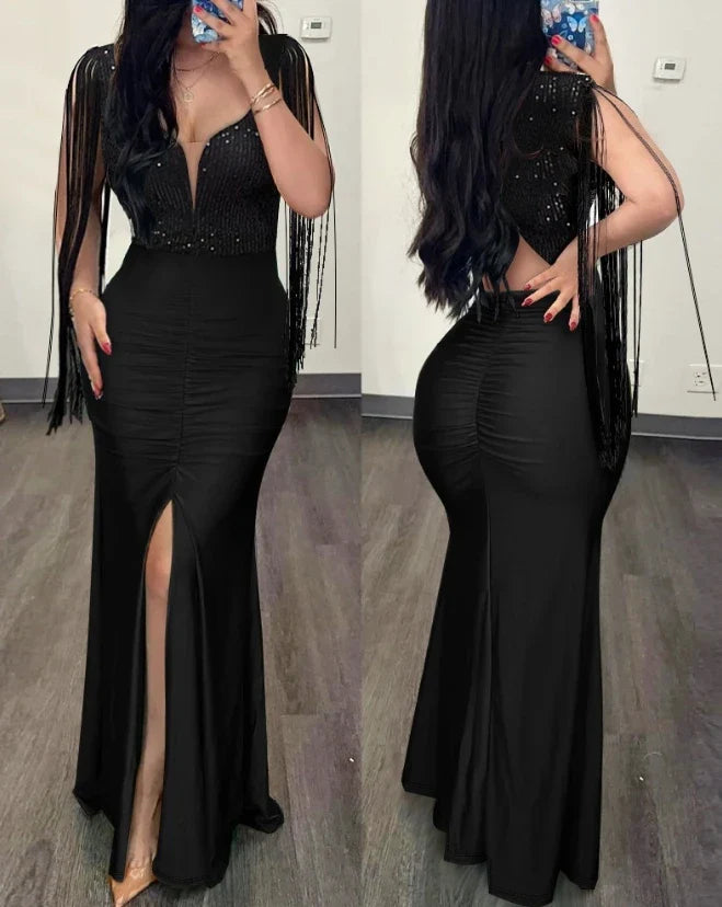 maoxiangshop Elegant Evening Party Dresses for Women Sexy Contrast Sequin Ruched Slit Evening Dress New Fashion Casual Female Clothing