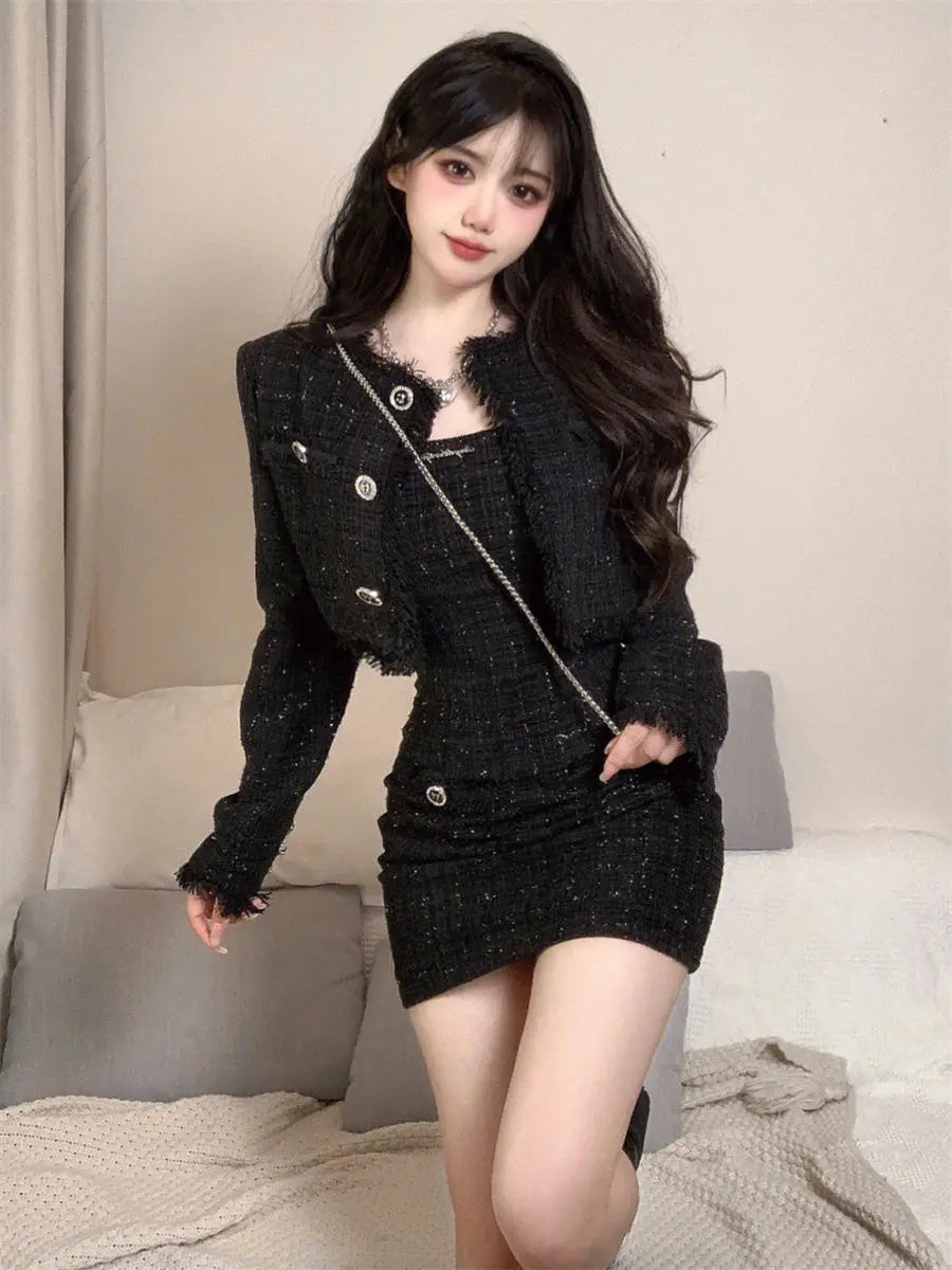 High-end Style Women's Suit Skirt Set Fashion Spring and Autumn Design Sense Slim-fit Short Jacket Top Sling Dress Two-piece Set