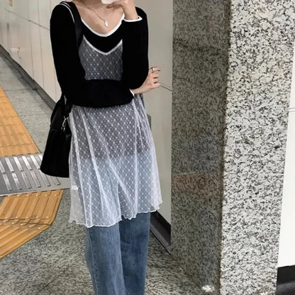 Korean Instagram Same Lace Camisole Dress Mesh Sleeveless Mid Length Cover Up Dress Summer New Y2K Girl Spicy Girl