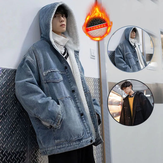 maoxiangshop Men Winter Fleece Hooded Jean Jackets Blue Cowboy Outerwear Thick Warm Denim Coats Big Pockets Men Denim Jacket Plus Size 4XL-S