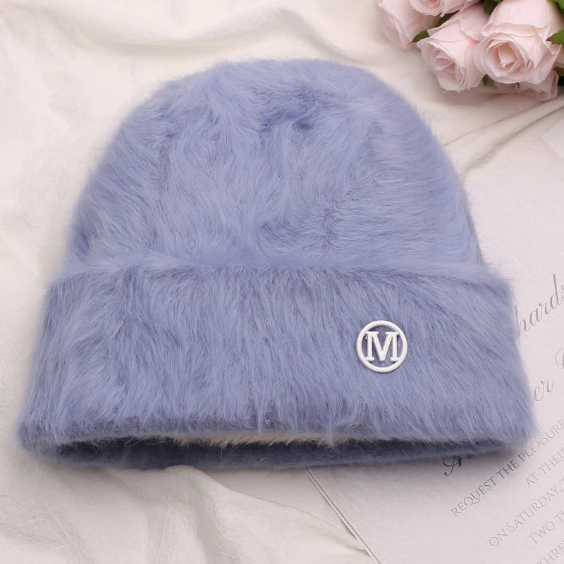 maoxiangshop New Fashion Rabbit Fur Y2k Beanies for Women Soft Warm Fluffy Angola Winter Hat Female Windproof Bonnet Hat Skullies Cap