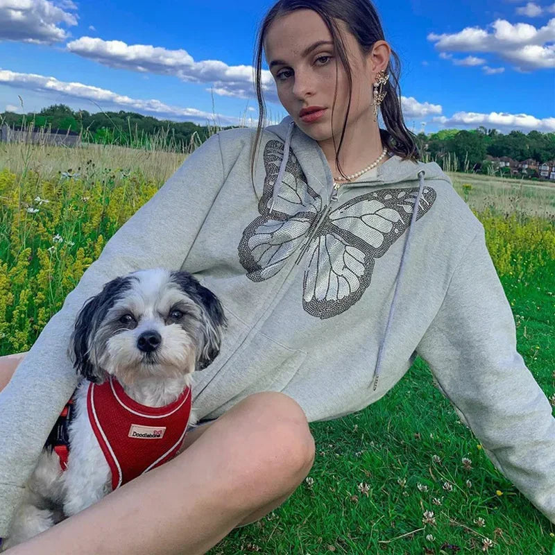 maoxiangshop  -  2024 Women's New All-match Casual Top Female Solid Pullover Woman Butterfly Print Long Sleeve Hooded Sweatshirt for Fall/winter