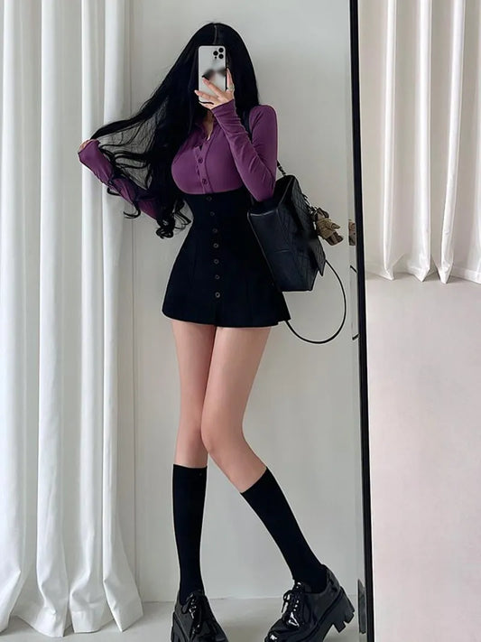 maoxiangshop Sexy Polo Collar Single Breasted Long Sleeve T-shirt Hanging Neck Wrap Hip Dress Short Skirt Set Fashion Women