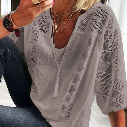 maoxiangshop Fashion Hollow Out Tops Summer V-neck Short Sleeve Cotton White Shirt Women Casual Loose Stitching Lace Blouse Blusas