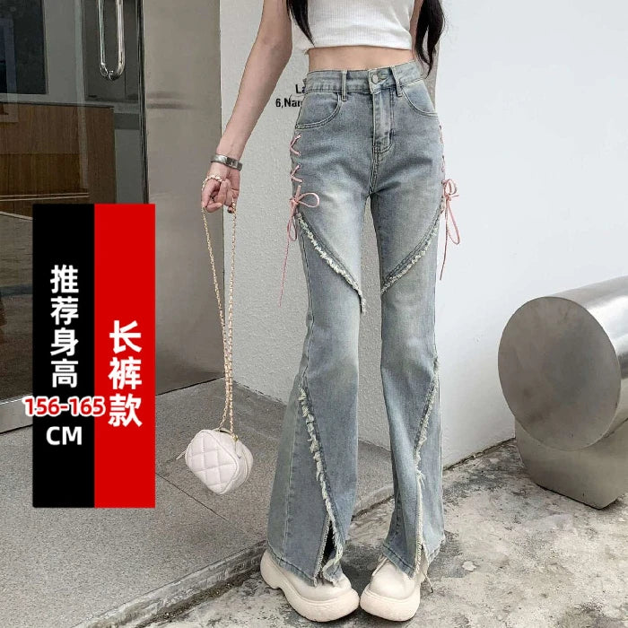 maoxiangshop American Split Jeans Women Pink Bandage High Waist Irregular Spliced Denim Pants Zipper Fly Trousers Y2k Pantalon Femme