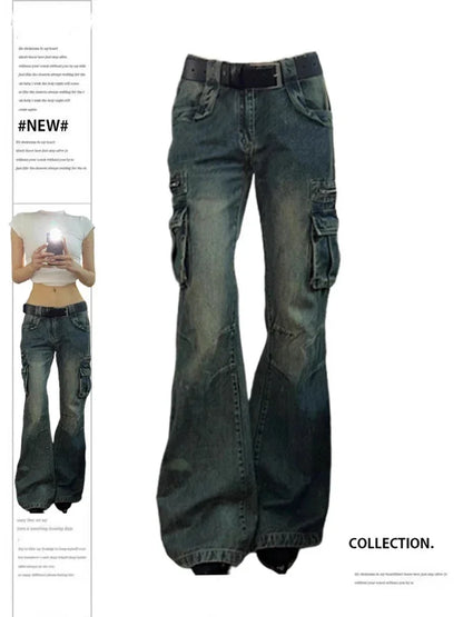 Cargo Pants Women Fashion Big Pocket Femme Flare Pants Spring New Casual Mopping Denim Trousers Vintage Y2k Baggy Jeans